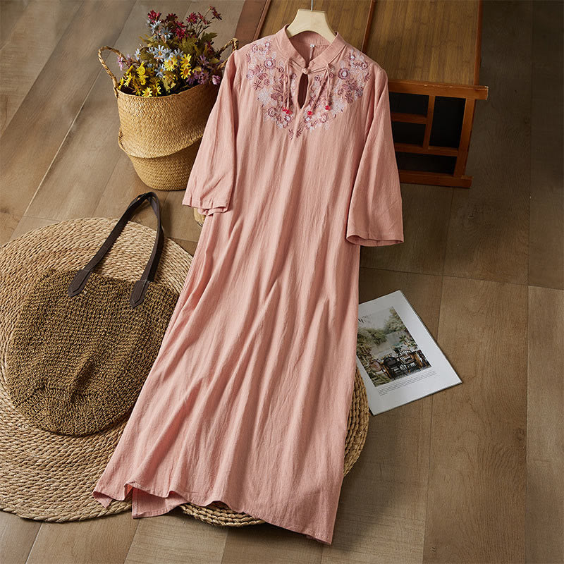 Vintage Embroidery Frog-button Half Sleeve High Waist Cotton Linen Women's Midi Dress