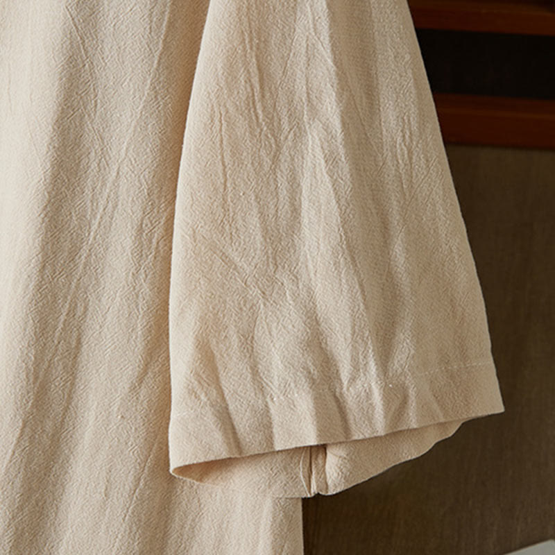 Vintage Embroidery Frog-button Half Sleeve High Waist Cotton Linen Women's Midi Dress