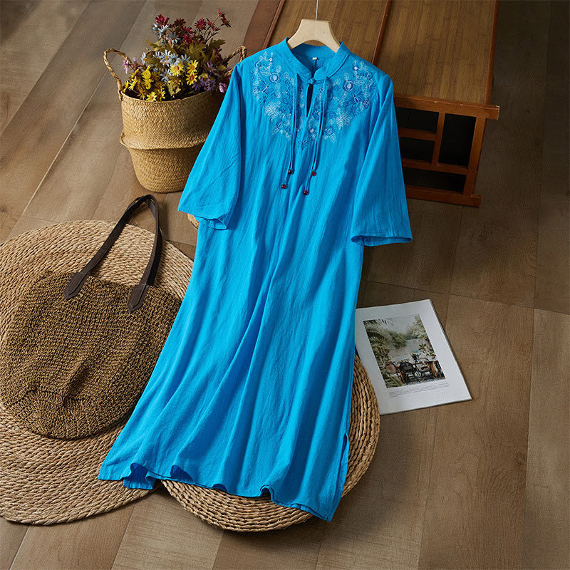 Vintage Embroidery Frog-button Half Sleeve High Waist Cotton Linen Women's Midi Dress