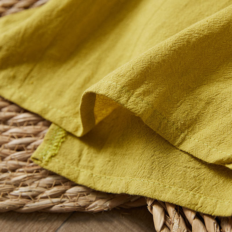 Vintage Embroidery Frog-button Half Sleeve High Waist Cotton Linen Women's Midi Dress