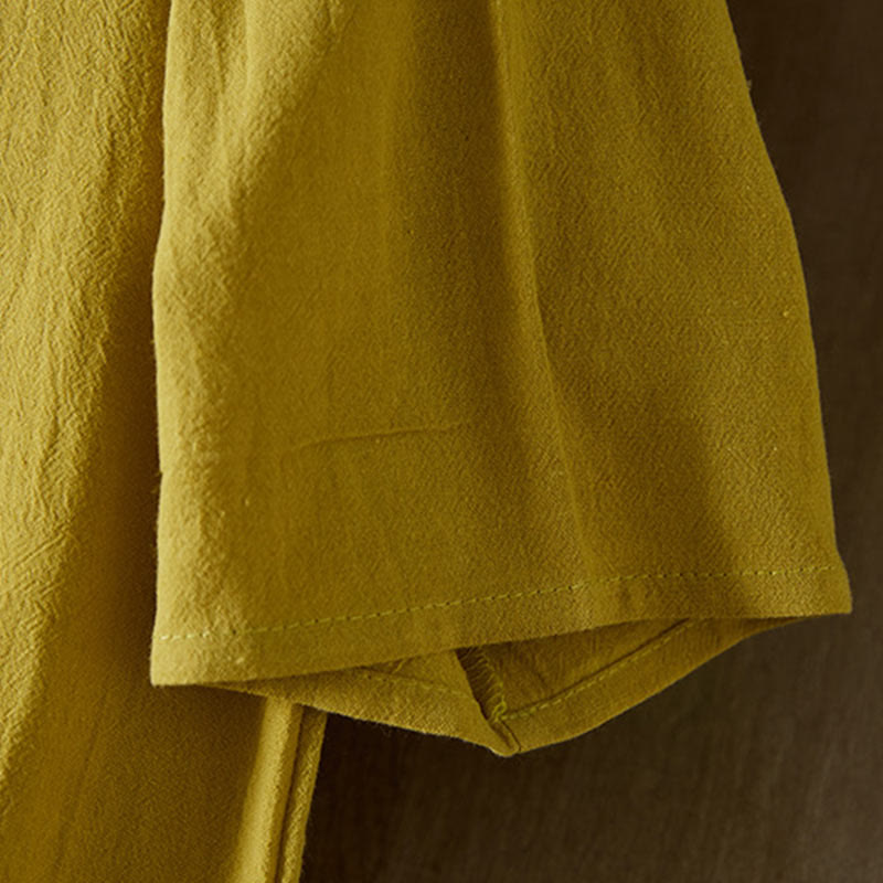 Vintage Embroidery Frog-button Half Sleeve High Waist Cotton Linen Women's Midi Dress