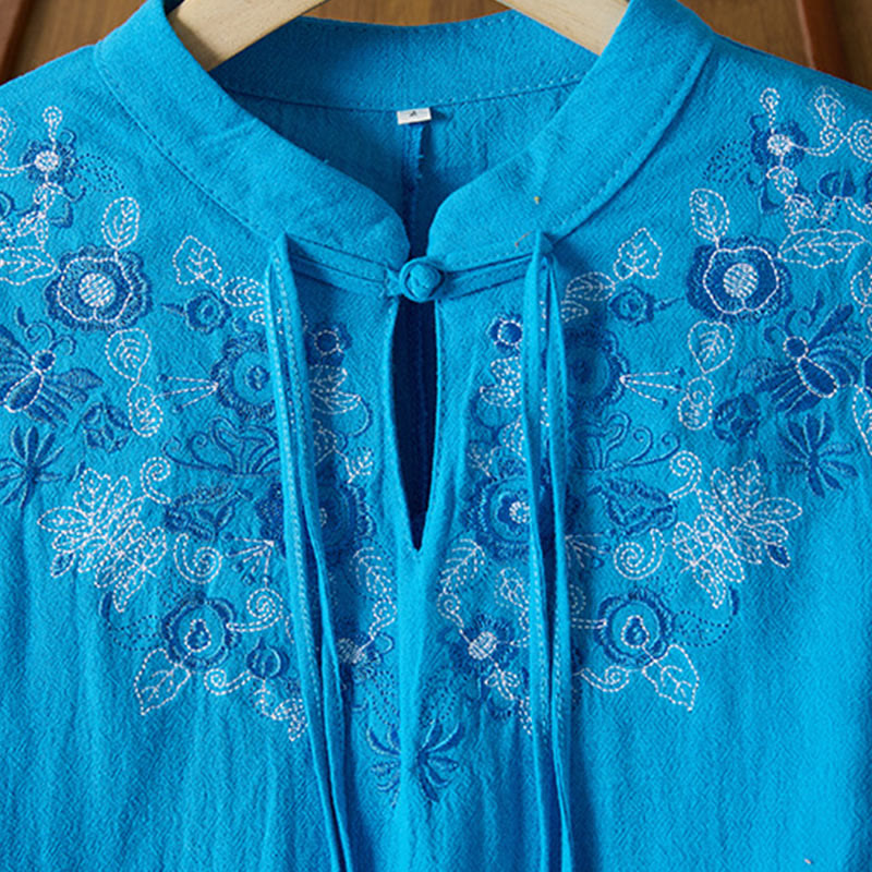 Vintage Embroidery Frog-button Half Sleeve High Waist Cotton Linen Women's Midi Dress