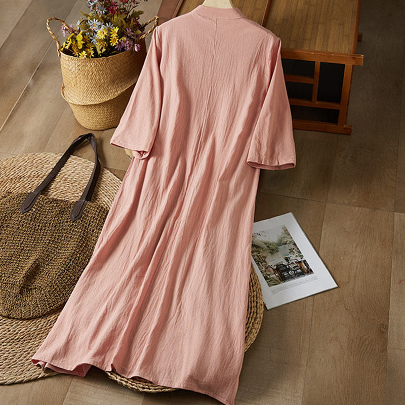 Vintage Embroidery Frog-button Half Sleeve High Waist Cotton Linen Women's Midi Dress