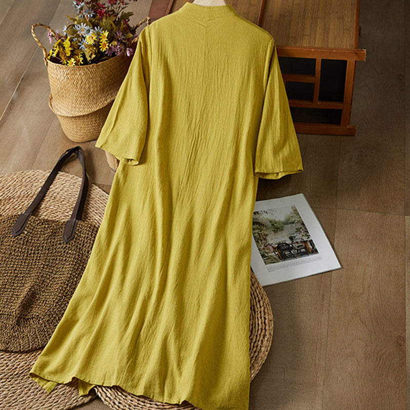 Vintage Embroidery Frog-button Half Sleeve High Waist Cotton Linen Women's Midi Dress