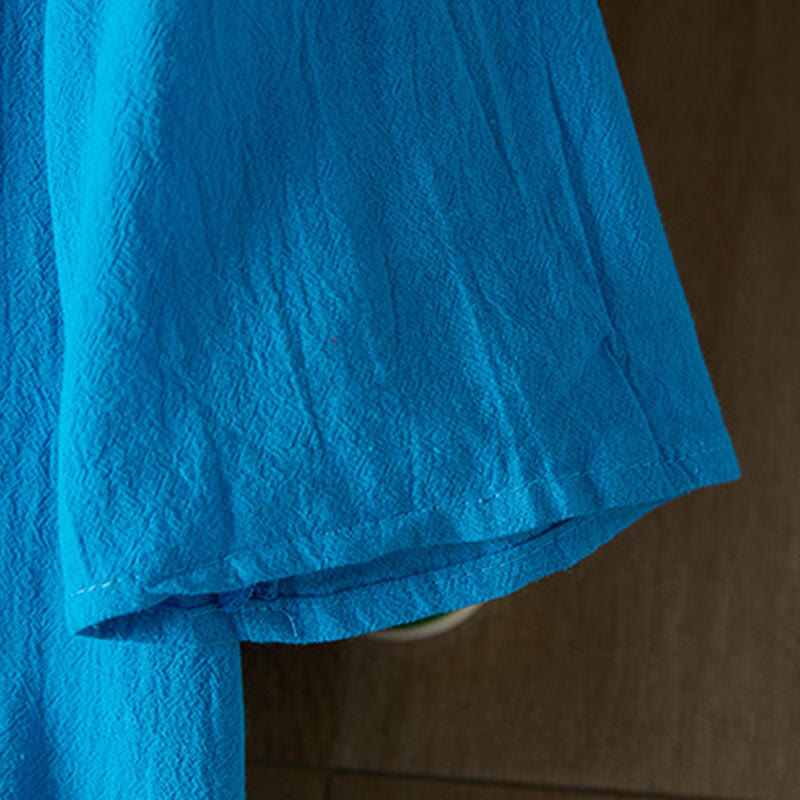 Vintage Embroidery Frog-button Half Sleeve High Waist Cotton Linen Women's Midi Dress