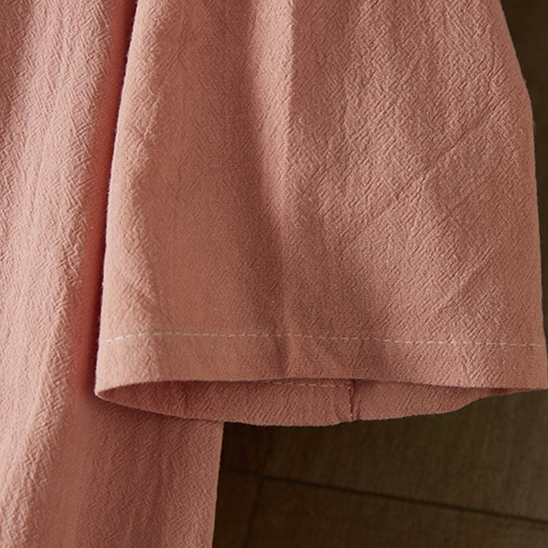 Vintage Embroidery Frog-button Half Sleeve High Waist Cotton Linen Women's Midi Dress