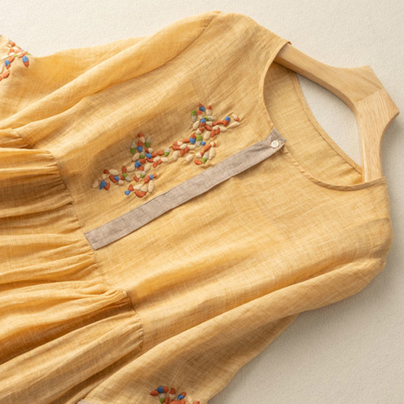 Spring Ethnic Embroidery Half Sleeve Cotton Linen Women's Midi Dress