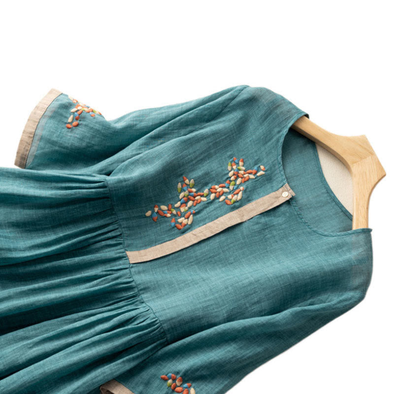 Spring Ethnic Embroidery Half Sleeve Cotton Linen Women's Midi Dress