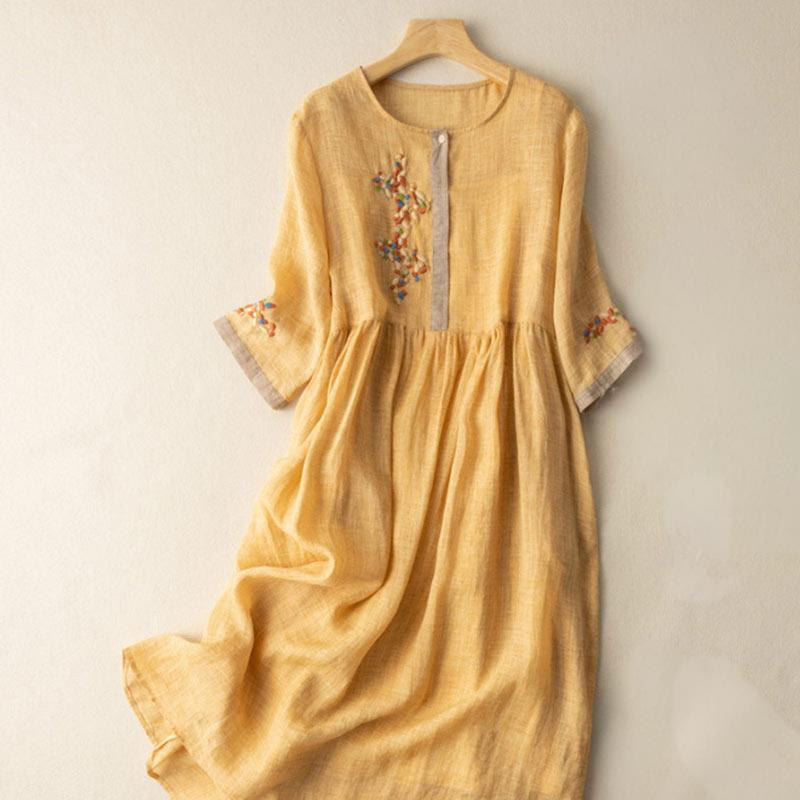 Spring Ethnic Embroidery Half Sleeve Cotton Linen Women's Midi Dress