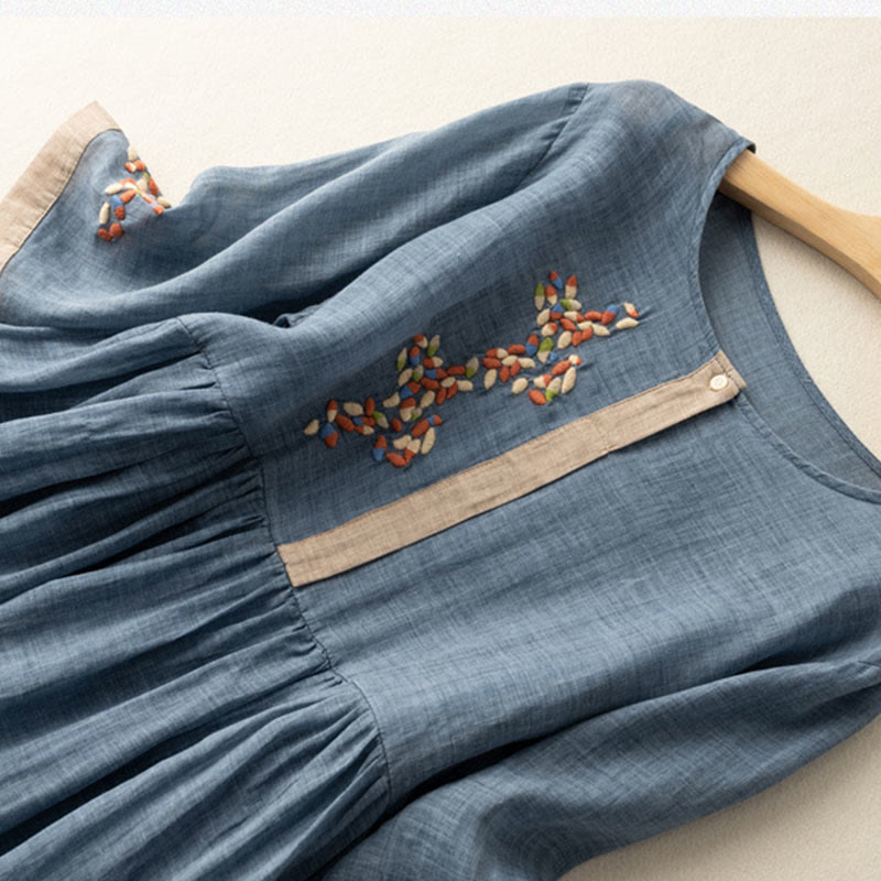 Spring Ethnic Embroidery Half Sleeve Cotton Linen Women's Midi Dress