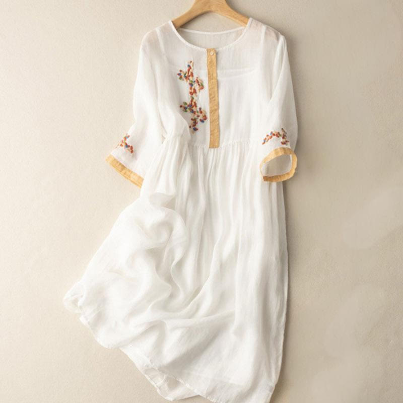 Spring Ethnic Embroidery Half Sleeve Cotton Linen Women's Midi Dress