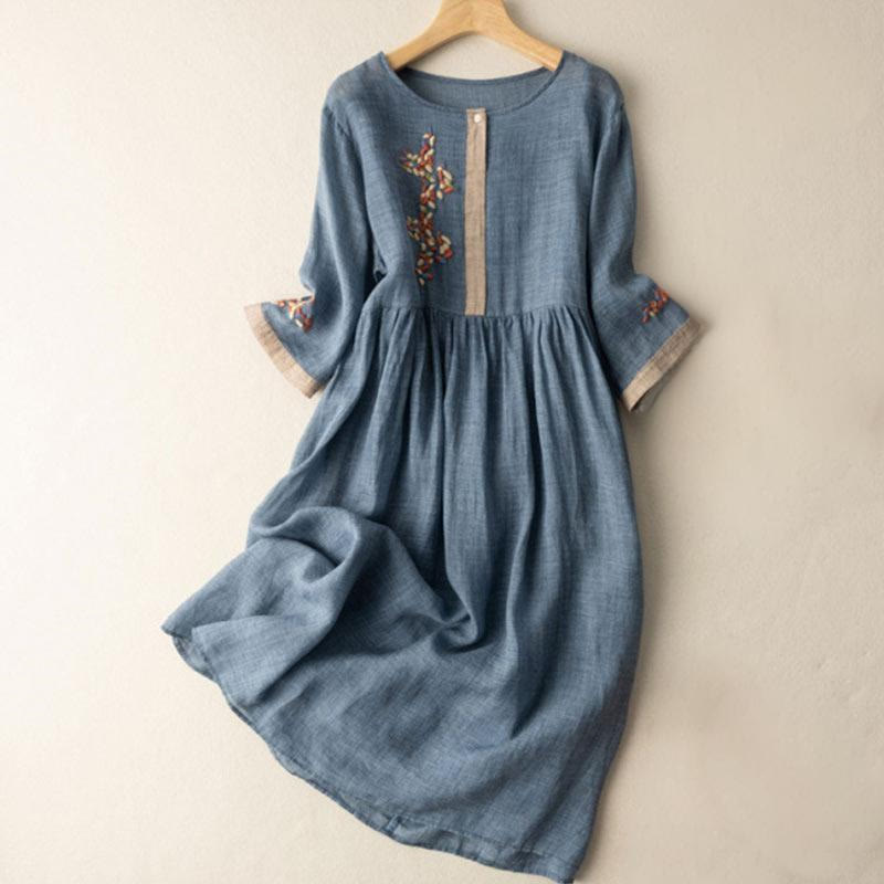 Spring Ethnic Embroidery Half Sleeve Cotton Linen Women's Midi Dress