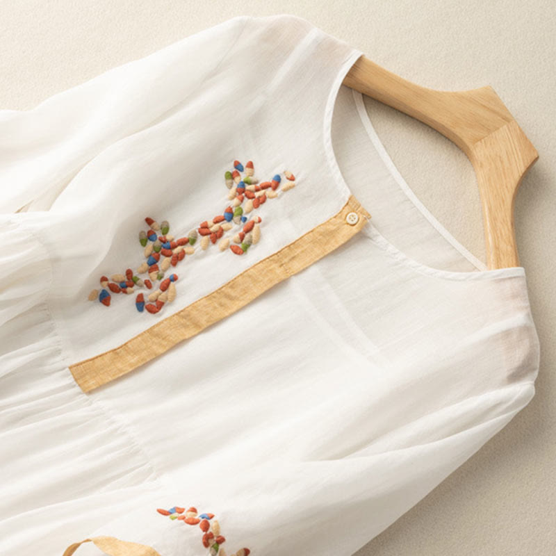Spring Ethnic Embroidery Half Sleeve Cotton Linen Women's Midi Dress