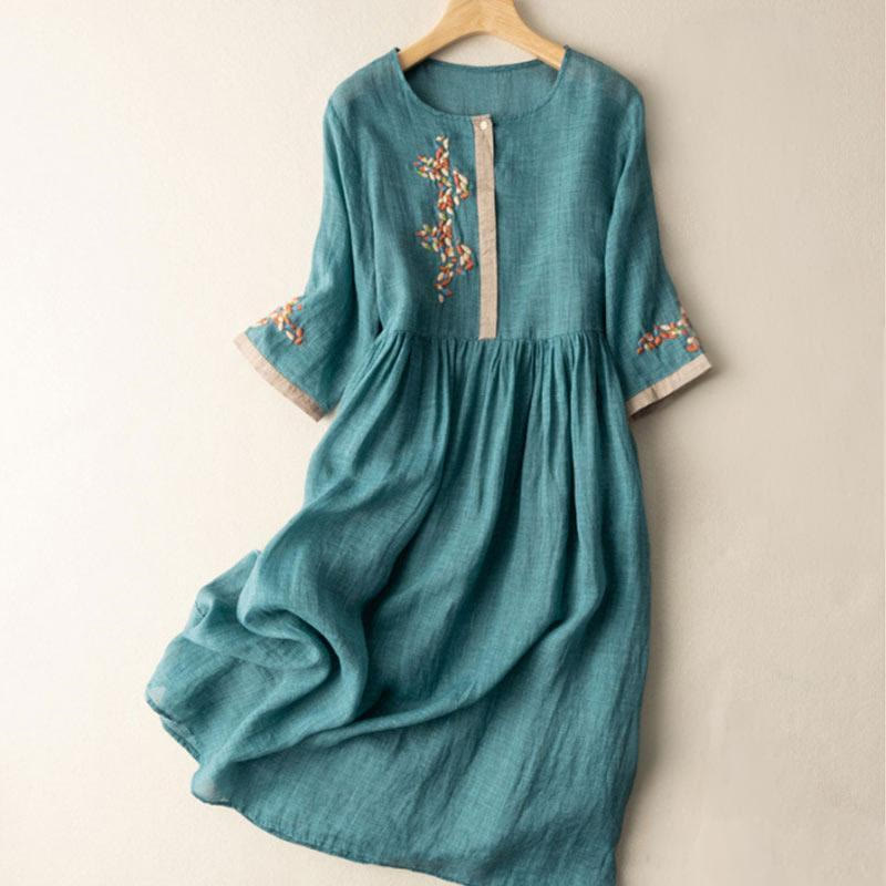Spring Ethnic Embroidery Half Sleeve Cotton Linen Women's Midi Dress