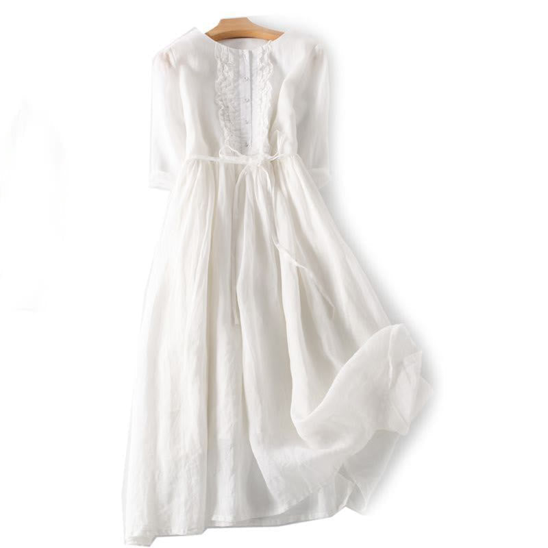 Casual Plain Ruffle Design Short Sleeve Lace-Up Women's Midi Dress With Pockets