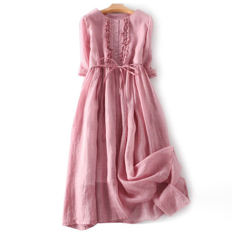 Casual Plain Ruffle Design Short Sleeve Lace-Up Women's Midi Dress With Pockets