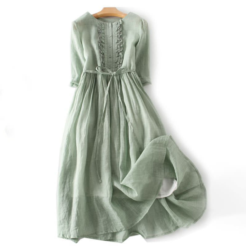 Casual Plain Ruffle Design Short Sleeve Lace-Up Women's Midi Dress With Pockets