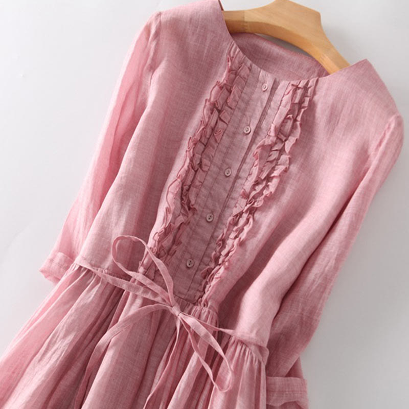 Casual Plain Ruffle Design Short Sleeve Lace-Up Women's Midi Dress With Pockets