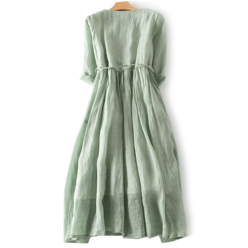Casual Plain Ruffle Design Short Sleeve Lace-Up Women's Midi Dress With Pockets