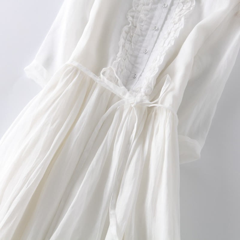 Casual Plain Ruffle Design Short Sleeve Lace-Up Women's Midi Dress With Pockets