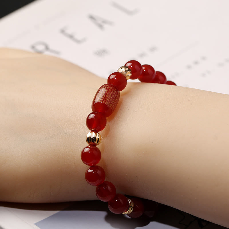 Natural Agate Bucket Bead Bracelet with Gold Copper & Engraved Sacred Scripture