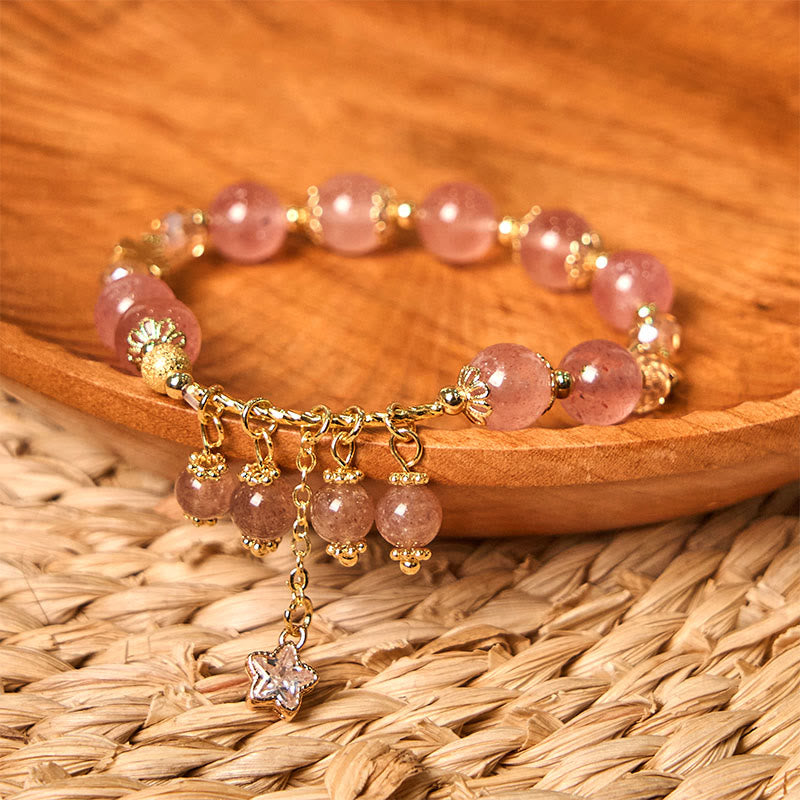 Natural Strawberry Quartz and Copper Four Leaf Clover Star Charm Bracelet