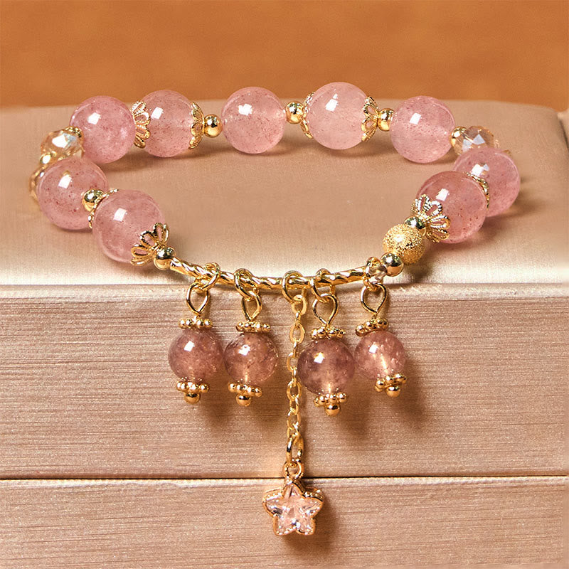 Natural Strawberry Quartz and Copper Four Leaf Clover Star Charm Bracelet
