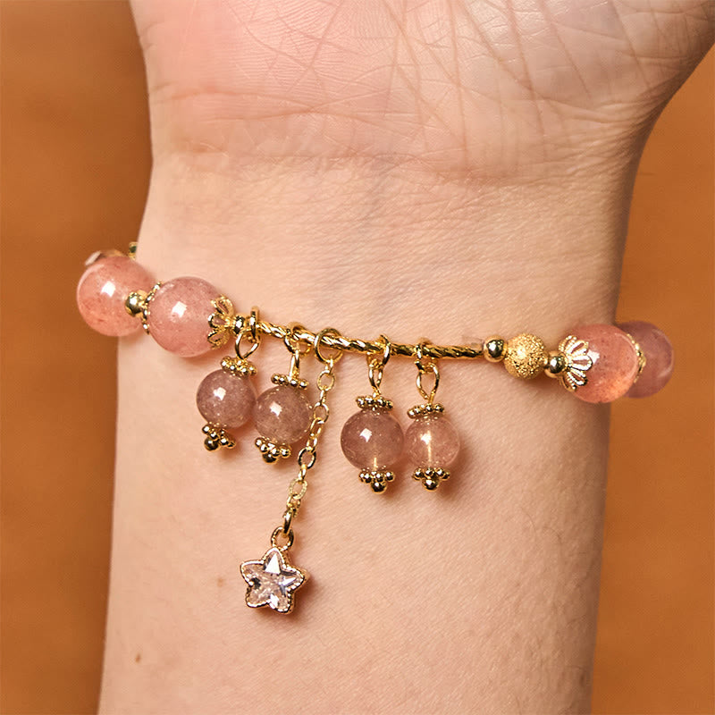 Natural Strawberry Quartz and Copper Four Leaf Clover Star Charm Bracelet