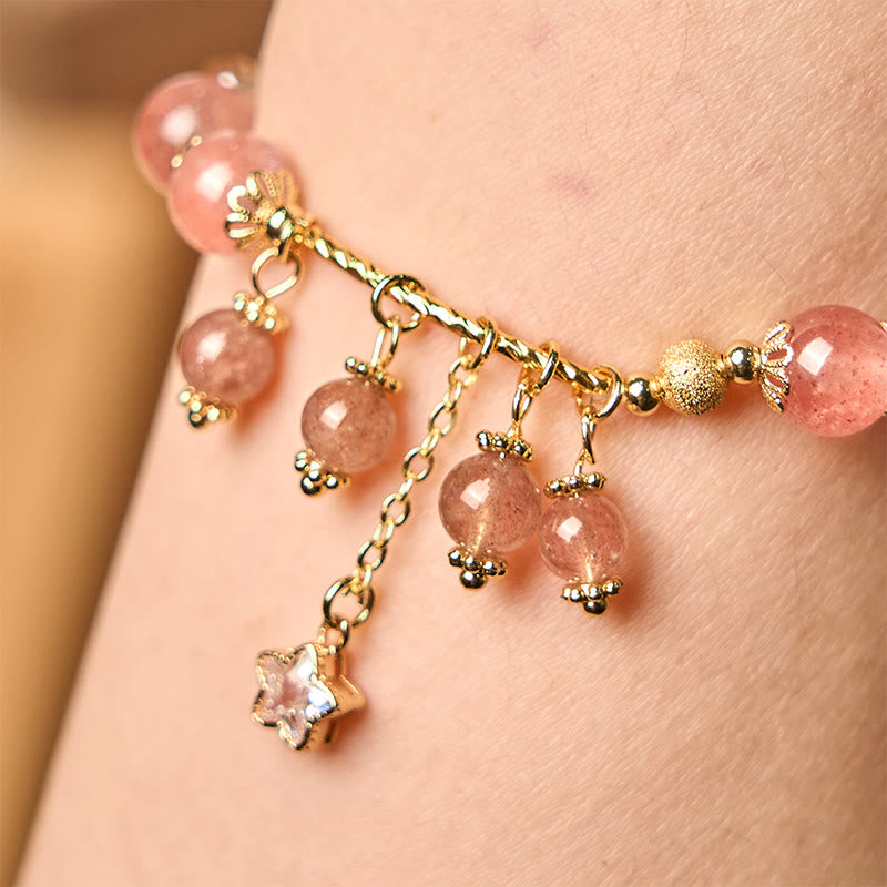 Natural Strawberry Quartz and Copper Four Leaf Clover Star Charm Bracelet