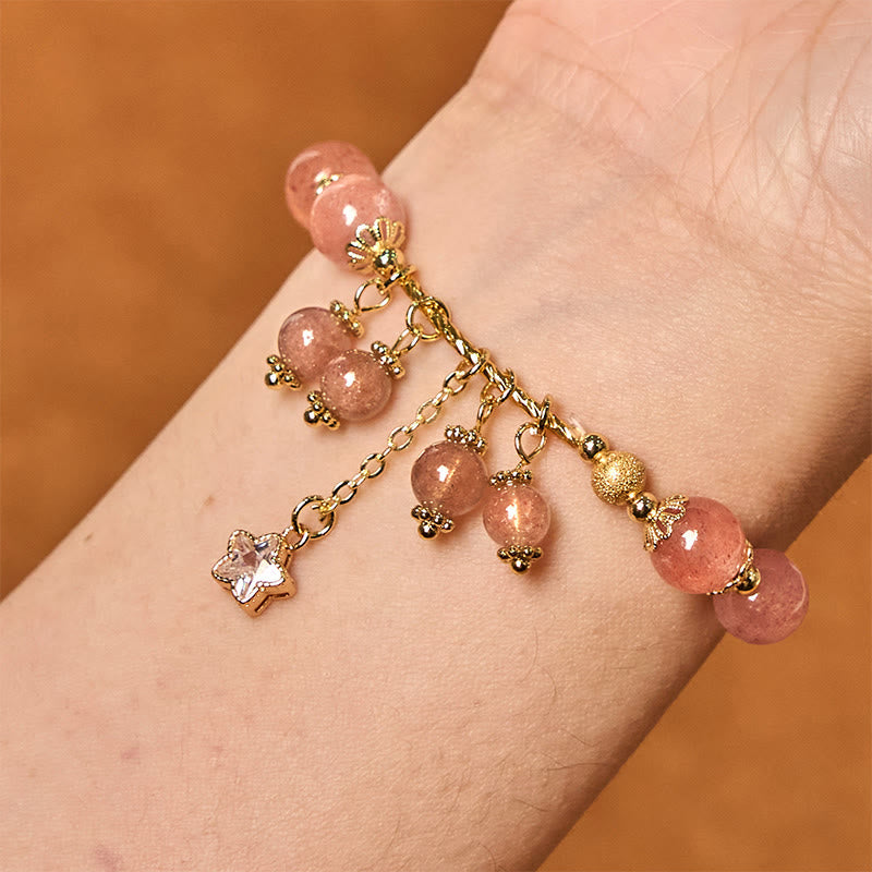 Natural Strawberry Quartz and Copper Four Leaf Clover Star Charm Bracelet
