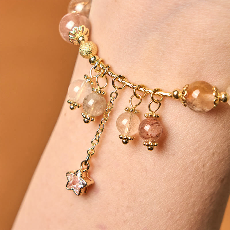 Natural Rutilated Quartz Beaded Bracelet with Copper Four-Leaf Clover Charm