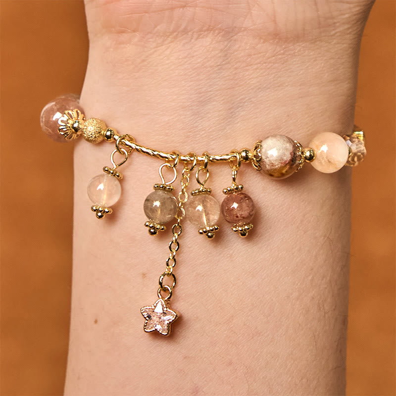 Natural Rutilated Quartz Beaded Bracelet with Copper Four-Leaf Clover Charm