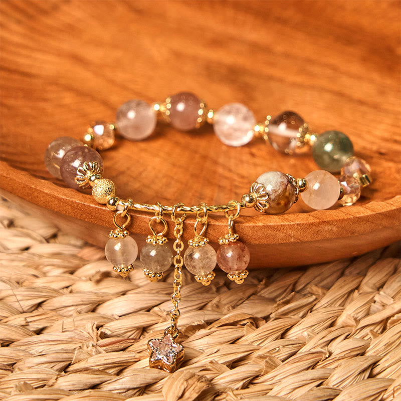Natural Rutilated Quartz Beaded Bracelet with Copper Four-Leaf Clover Charm