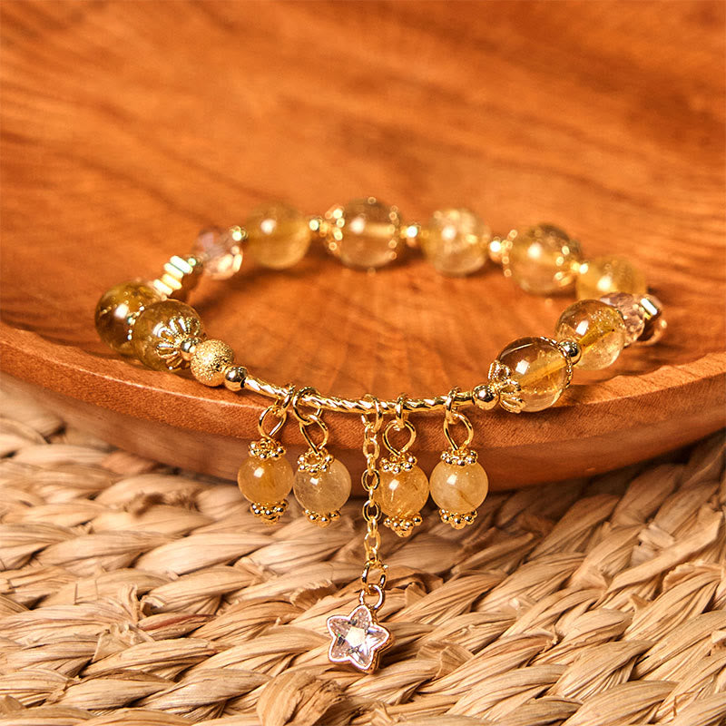 Natural Rutilated Quartz Beaded Bracelet with Copper Four-Leaf Clover Charm