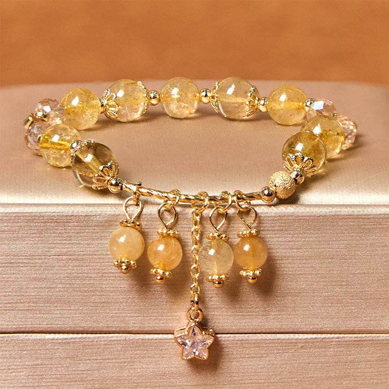Natural Rutilated Quartz Beaded Bracelet with Copper Four-Leaf Clover Charm