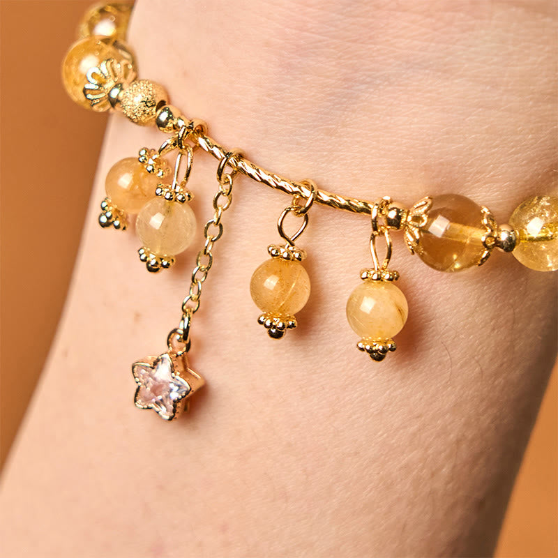 Natural Rutilated Quartz Beaded Bracelet with Copper Four-Leaf Clover Charm