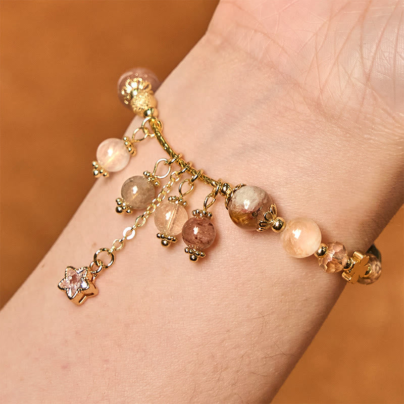 Natural Rutilated Quartz Beaded Bracelet with Copper Four-Leaf Clover Charm