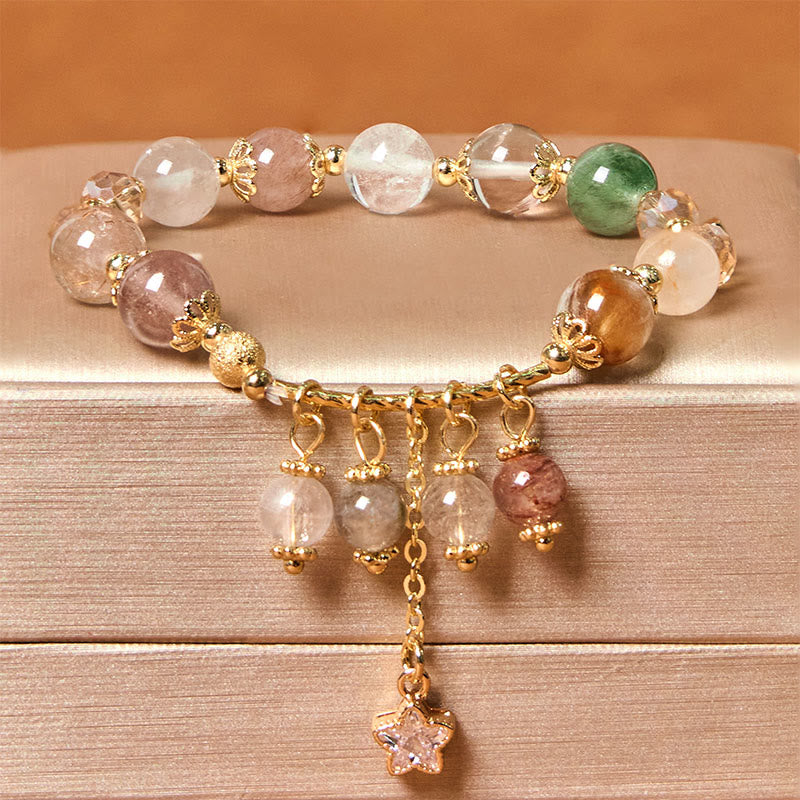 Natural Rutilated Quartz Beaded Bracelet with Copper Four-Leaf Clover Charm