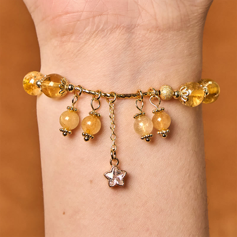 Natural Rutilated Quartz Beaded Bracelet with Copper Four-Leaf Clover Charm