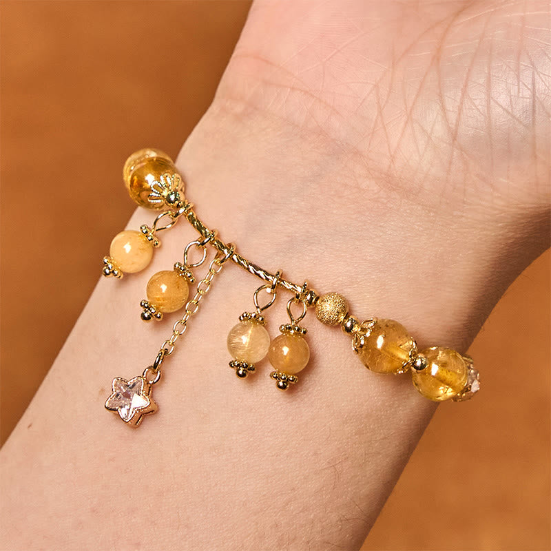 Natural Rutilated Quartz Beaded Bracelet with Copper Four-Leaf Clover Charm