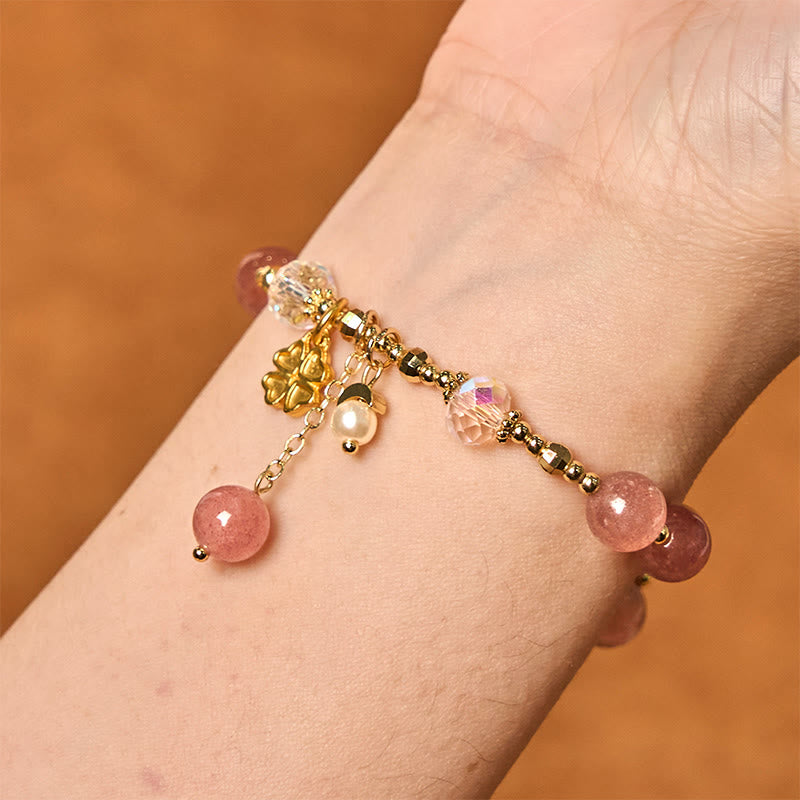Natural Strawberry Quartz Four Leaf Clover Healing Bracelet