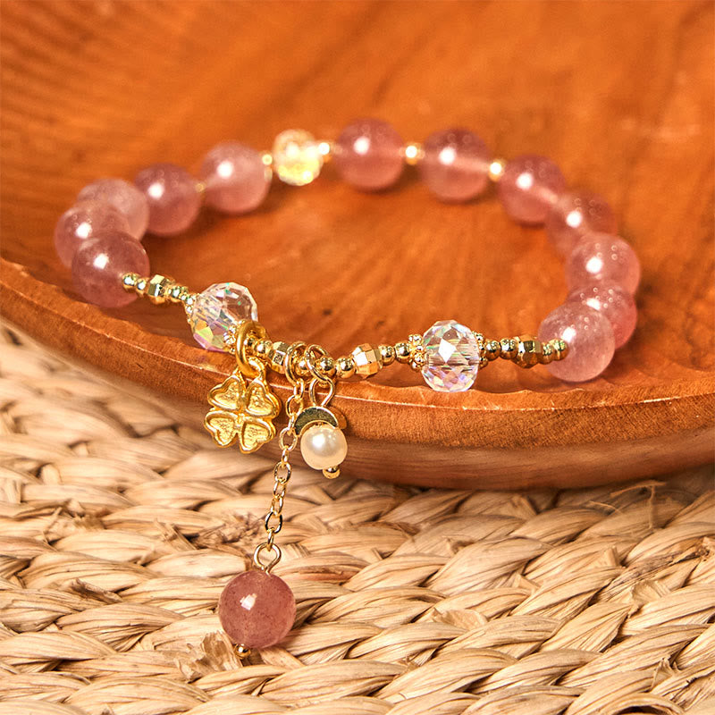Natural Strawberry Quartz Four Leaf Clover Healing Bracelet