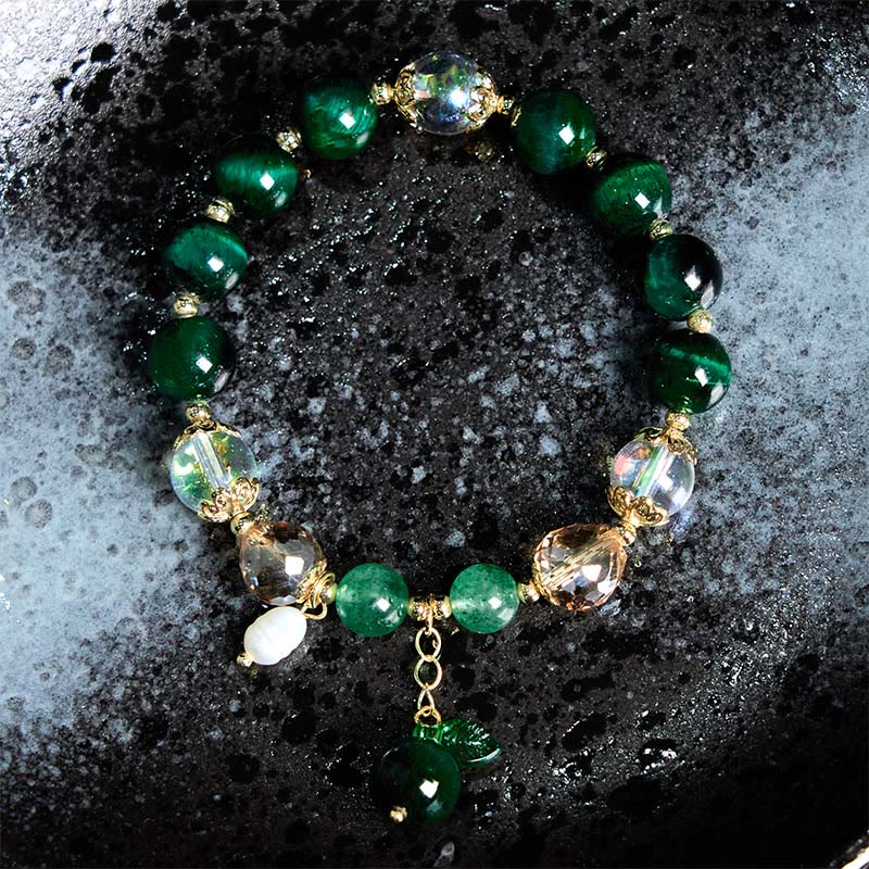 Natural Green Tiger Eye Beads Green Leaf Positive Bracelet