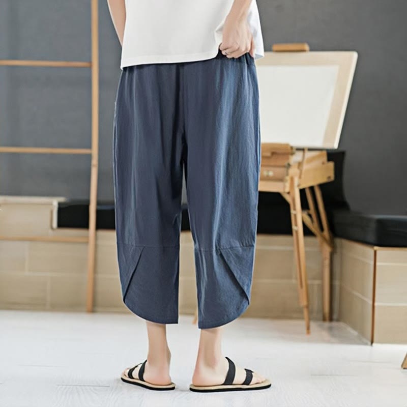 Summer Men's Solid Color 7-8 Length Cotton Linen Drawstring Pants With Pockets