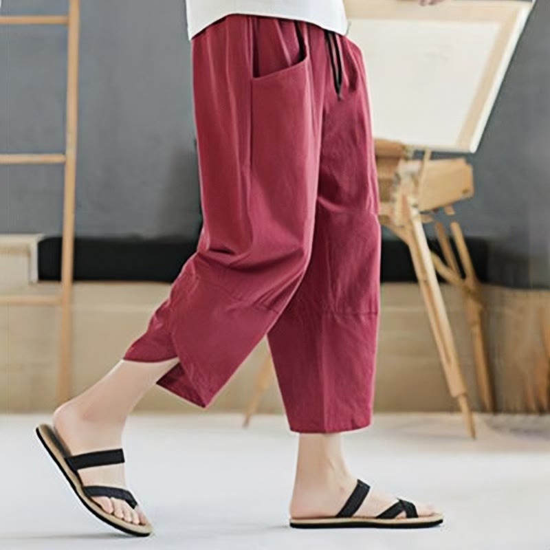 Summer Men's Solid Color 7-8 Length Cotton Linen Drawstring Pants With Pockets