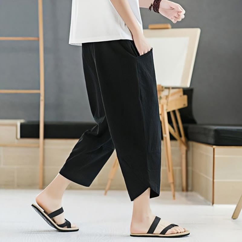Summer Men's Solid Color 7-8 Length Cotton Linen Drawstring Pants With Pockets
