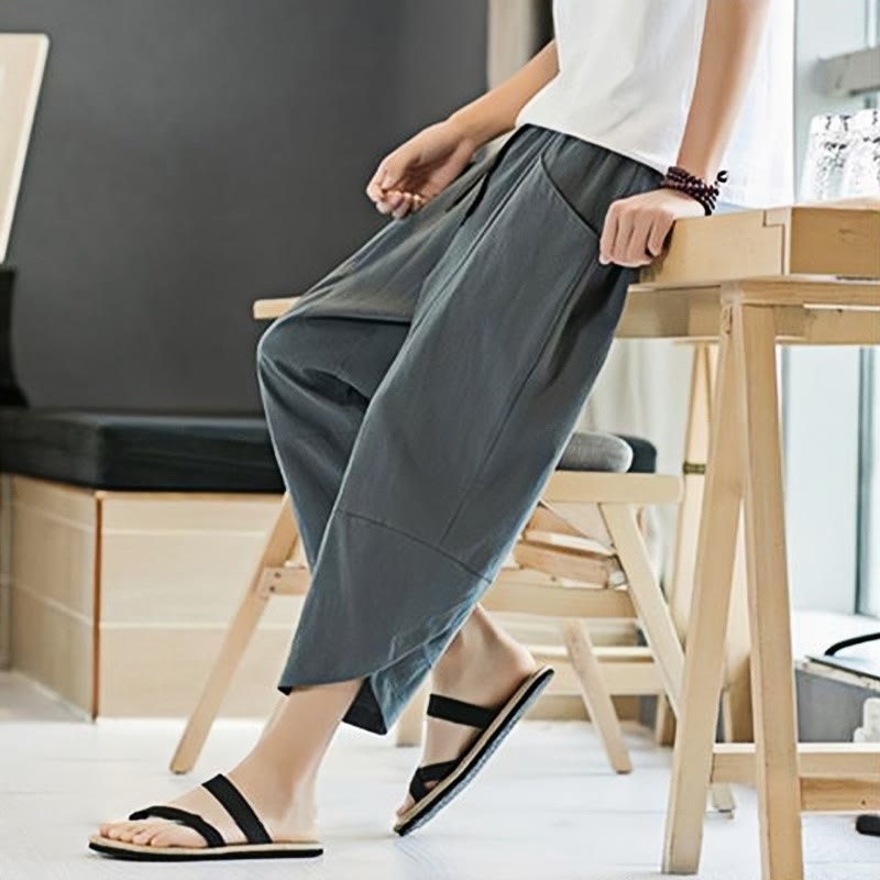 Summer Men's Solid Color 7-8 Length Cotton Linen Drawstring Pants With Pockets