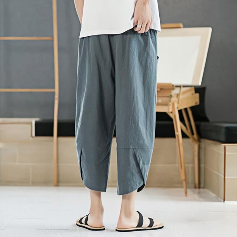 Summer Men's Solid Color 7-8 Length Cotton Linen Drawstring Pants With Pockets