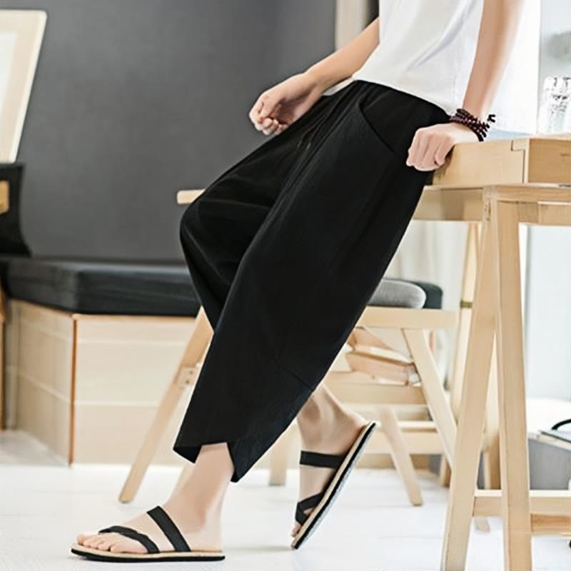 Summer Men's Solid Color 7-8 Length Cotton Linen Drawstring Pants With Pockets