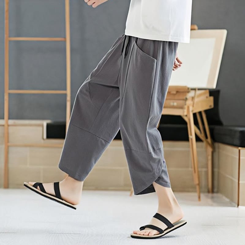 Summer Men's Solid Color 7-8 Length Cotton Linen Drawstring Pants With Pockets